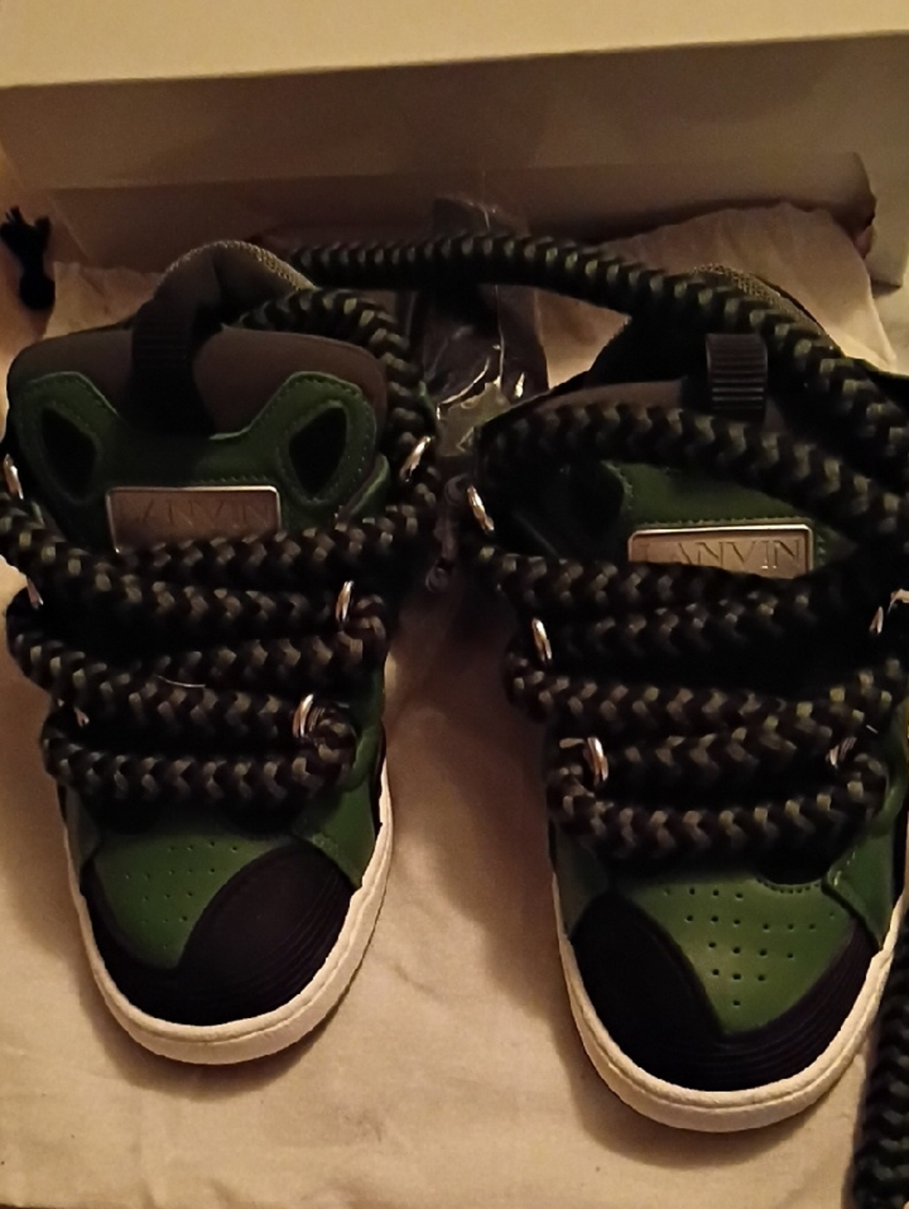Lanvin Kids Green & Black High-Top Sneakers with Chunky Rope Laces